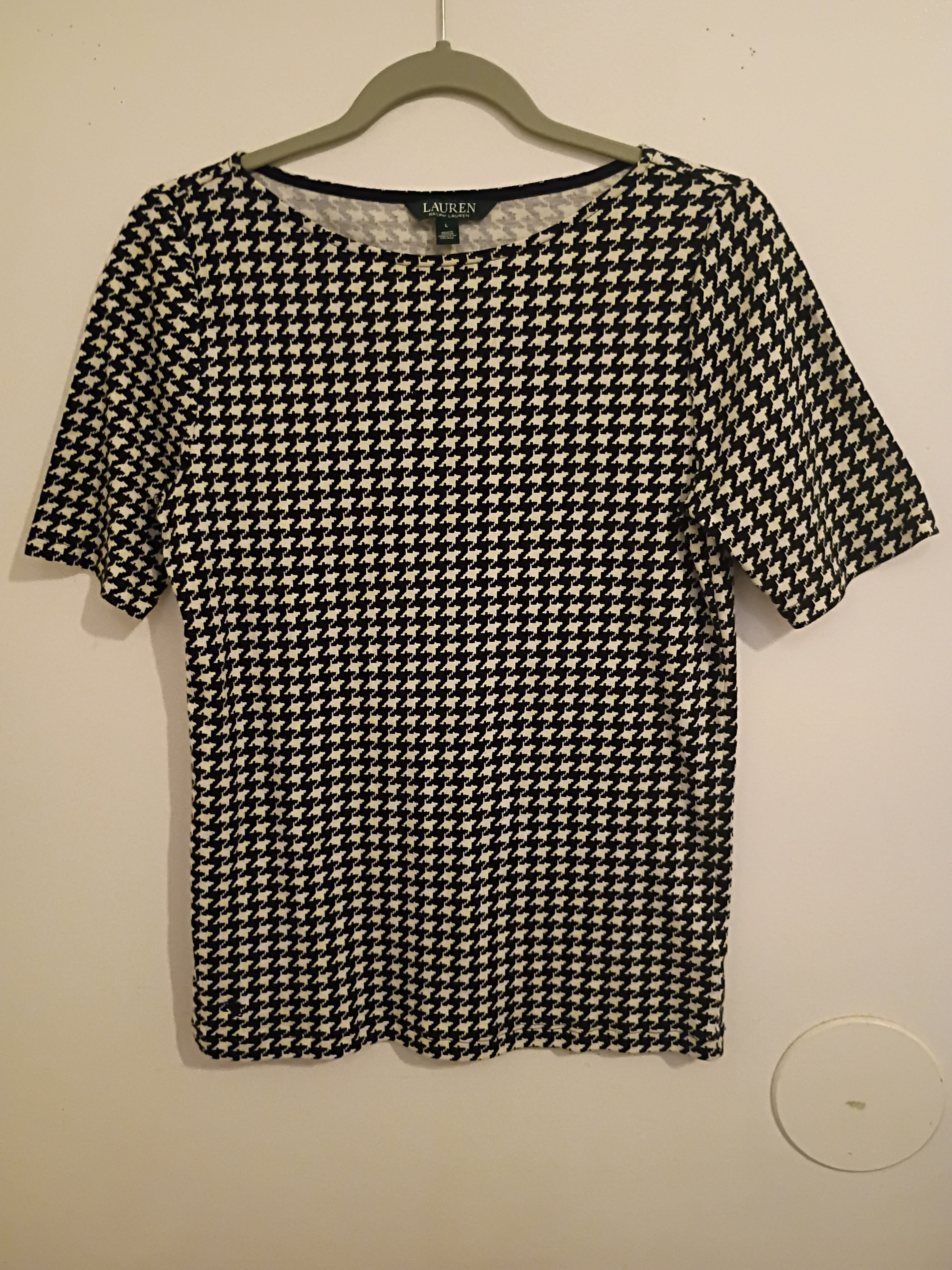 Lauren Ralph Lauren Women's Black & White Houndstooth Short Sleeve Top Sz L